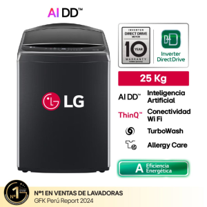WT25PBVS6 - Lavadora Automática 25Kg Con AI DD 6 Motion DD y ThinQ Negro Plateado LG