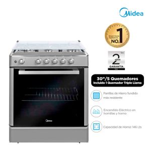 MGS30FS2LBAMB-PE - Cocina De Pie 1 Horno 5 Hornillas, Parrillas Hierro Fundido, Silver, 30" Midea