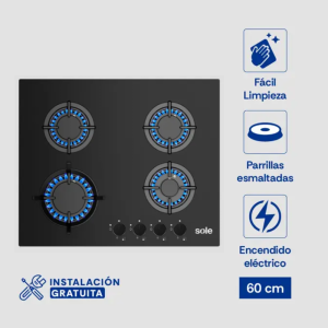 SOLCO049V2 - Cocina Encimera De 4 Hornillas 60Cm Vidrio Templado Sole